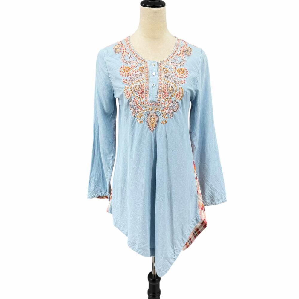 Soft Surroundings Embroidered Plaid Chambray Long Sleeve Asymmeteical Tunic Top